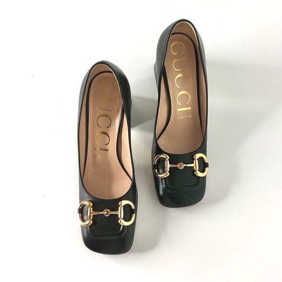Gucci Baby Horsebit Black Leather Platform Heeled Pumps 37 - Picture 3 of 10